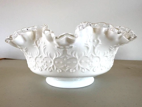 Vintage Fenton Silver Crest White Milk Glass Bowl Ruffle Top Spanish Lace 9 1/2"