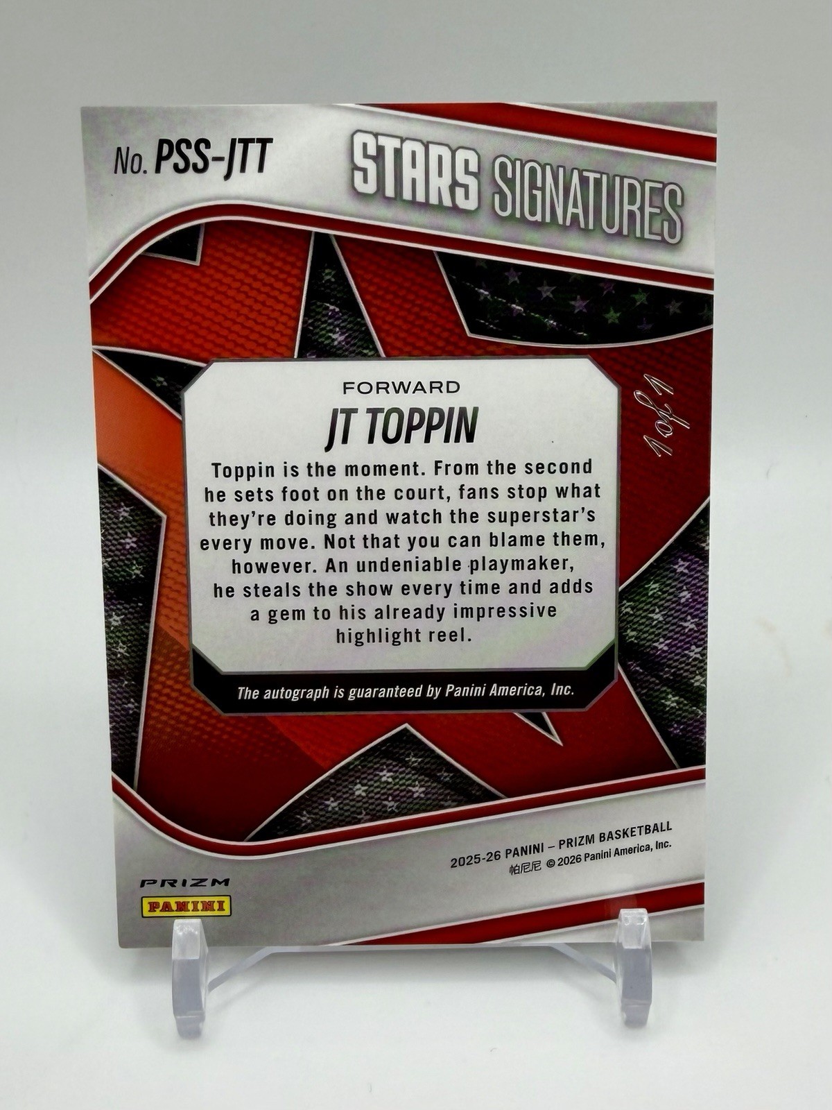 JT Toppin 2025-26 Prizm Stars Signatures Auto Black Shimmer 1/1 view 2