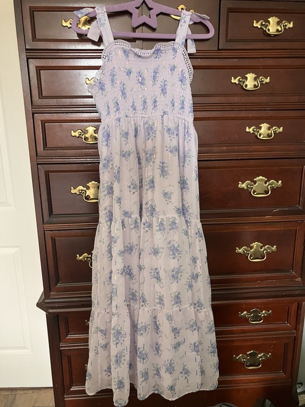 Rare Editions Girls L (10/12) Purple Floral Smocked Maxi Dress Sequin Lace