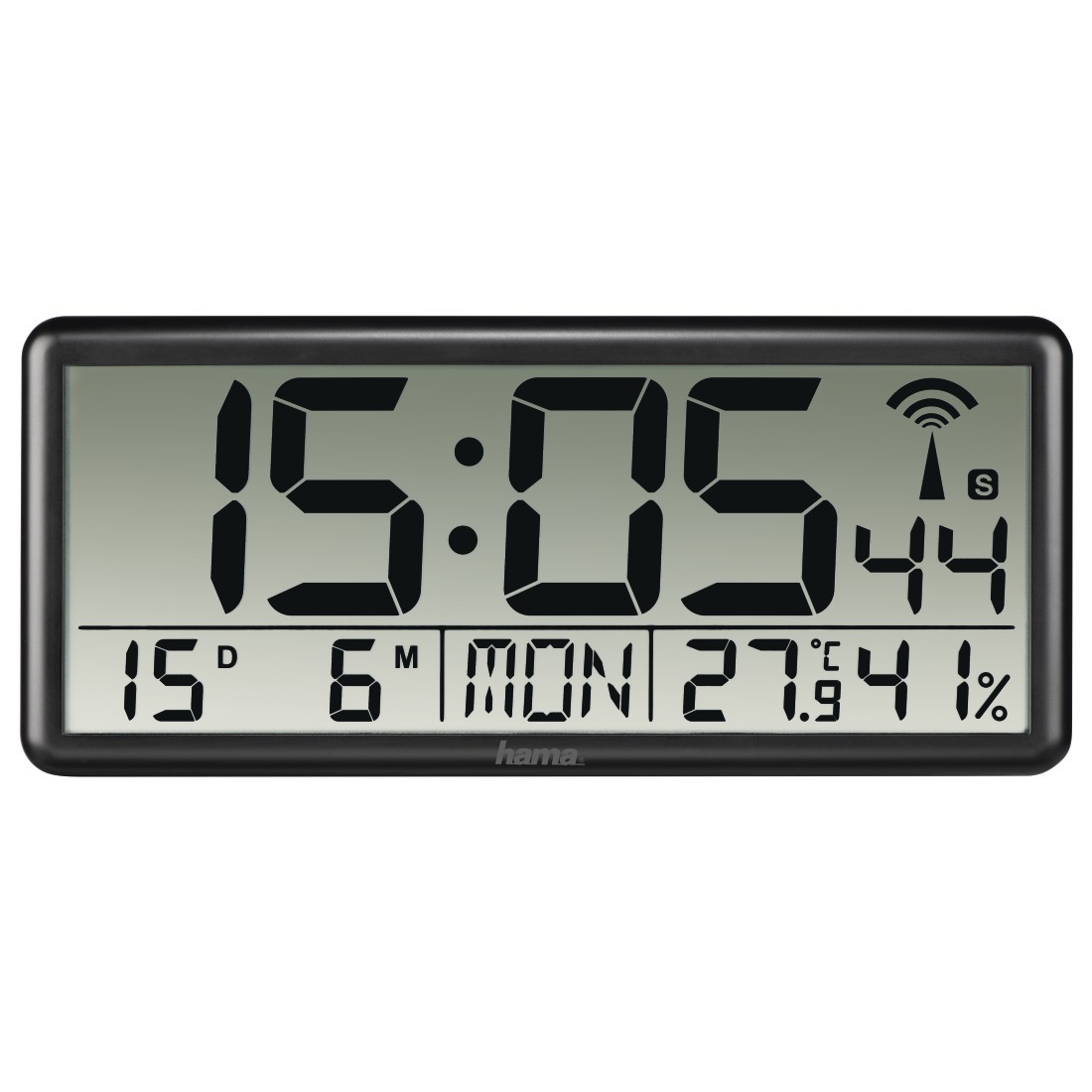 Horloge murale radiopilotée calendrier affichage digital thermomètre noir