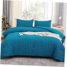 Teal Seersucker Queen Comforter Set 90x90 inches , 3 Pieces-100 Soft Washed