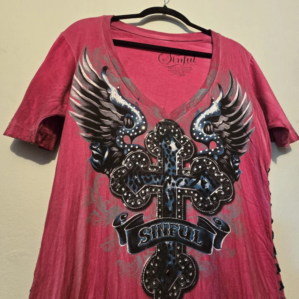 Camiseta De Colección Años 90 Y2K Affliction Bling Wings Con Cordones Mujeres LG Roja Grunge Gótico Motociclista Foto 2 de 4