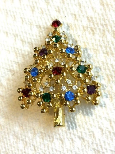 Christmas Tree Brooch Eisenberg Pin Vintage Gold Tone Multicolored Rhinestone