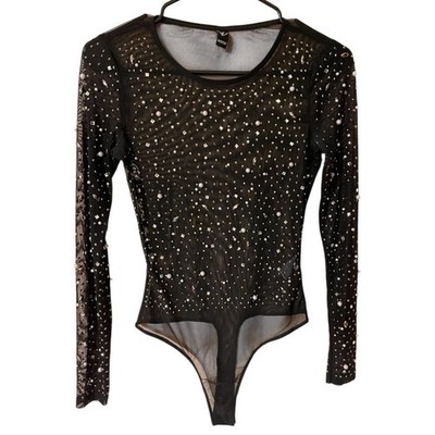 Windsor Women s Mesh Bodysuit With Pearls And Rhinestones Size Medium