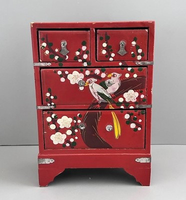 Vintage Red Lacquer Hand Painted Bird Floral Wooden Jewelry Trinket Box 4 Drawer