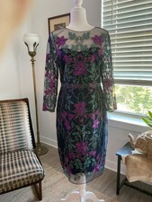 Marchesa Notte Embroidered Tulle Floral Navy Midi S 12 