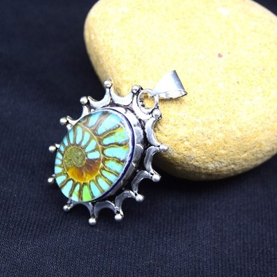 Ammonite Fossil Gemstone Pendant Handmade 925 Sterling Silver Jewelry Oval