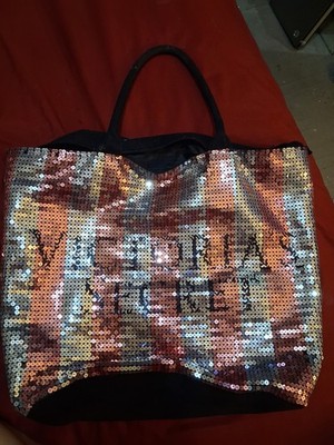 Victoria's Secret Multicolor Sequin Tote Bag Lined w/ Black Double Handles