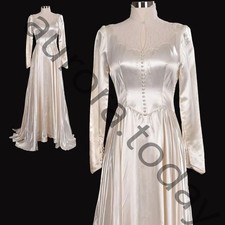 Vintage Satin Champagne Wedding Dresses Long Sleeve High Neck Ruched Bridal Gown
