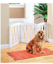 3 Panel White Waves Wooden Pet Gate - Freestanding Stair / Doorway Barrier Fence