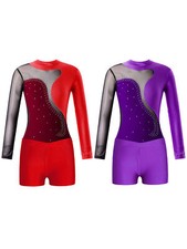 Kids Girls Dance Leotards Skating Bodysuit Long Sleeve Jumpsuit Shiny Costume