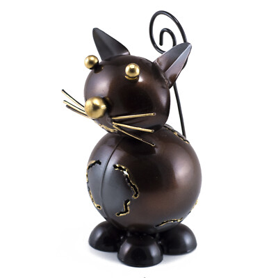 Handcrafted Cat Figurine 4'' High With Curly Tail Cute Tin Metal Animal Sculpture