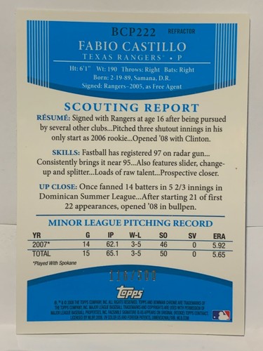FABIO CASTILLO 2008 BOWMAN CHROME PROSPECT 1er refractor Bowman #'d/500 - Imagen 2 de 2