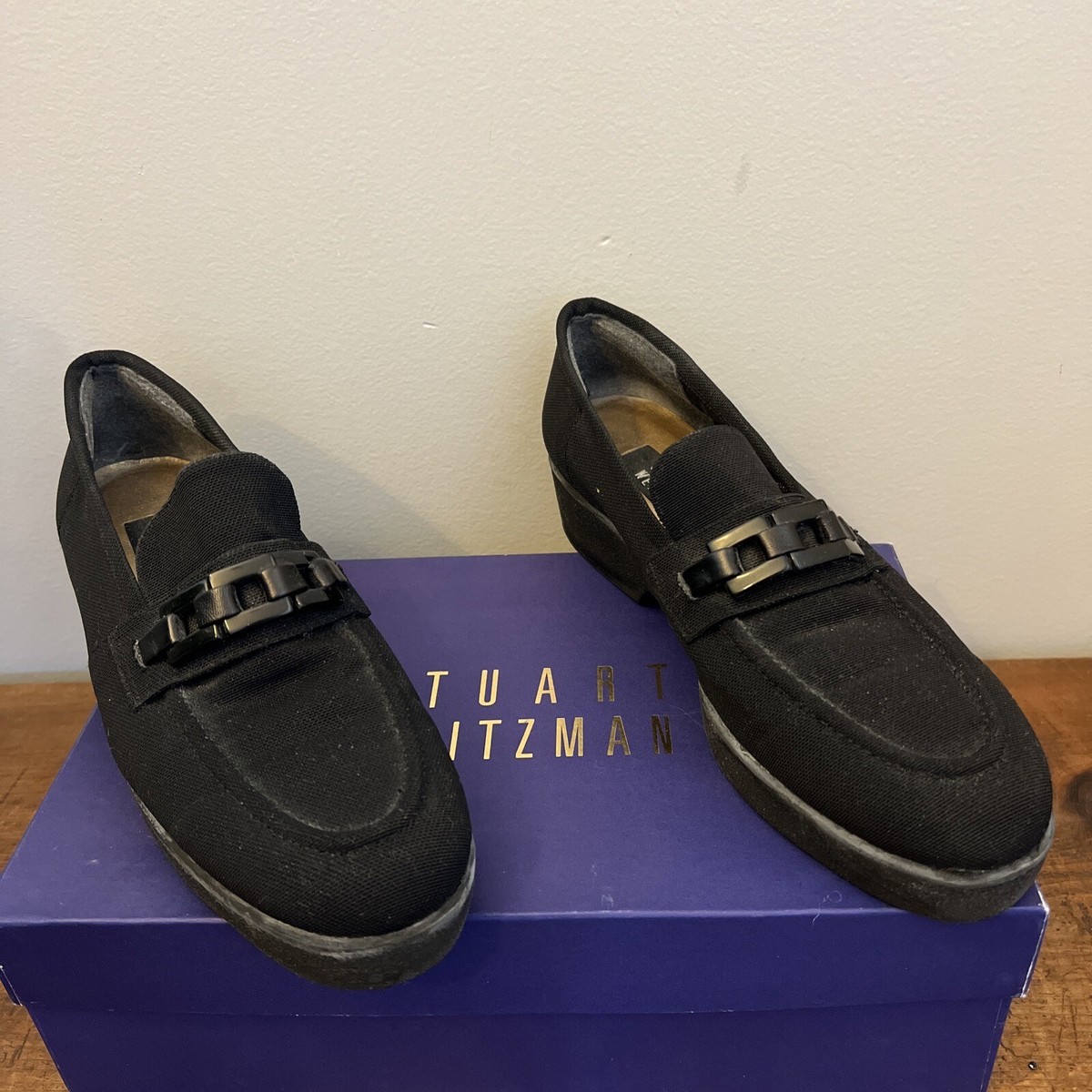 Stuart Weitzman Black Gauze Black Buckle Rubber Sole Loafers Size M