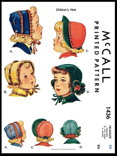 McCall #1436 Hüte Stoff Nähen MUSTER 1940er MÄDCHEN Kinder Kleinkind Kinder 20" Kopf - Bild 4 von 4