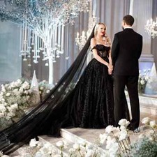New Gothic Black Wedding Dresses Off Shoulder Sparkly Sequins Lace Winter Dress