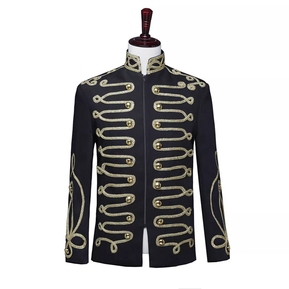 Mens Slim Fit Military Hussar Suit Jacket Zip Up Tunic Blazer Drummer Outfit Top