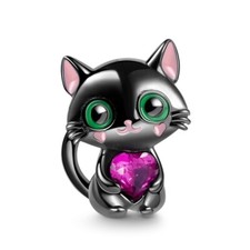 Black Cat with CZ Heart Charm For European Bracelets S925 Sterling Silver