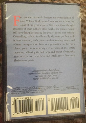 The Complete Sonnets of William Shakespeare : Dove Audio Cassettes Elliot Gould - Picture 2 of 3