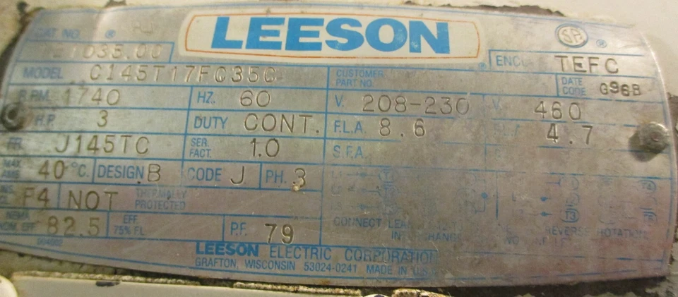 Leeson 121035.00 Electric Motor C145T17FC35C 1740RPM 3PH 7/8" Shaft Dia - Image 4 of 4