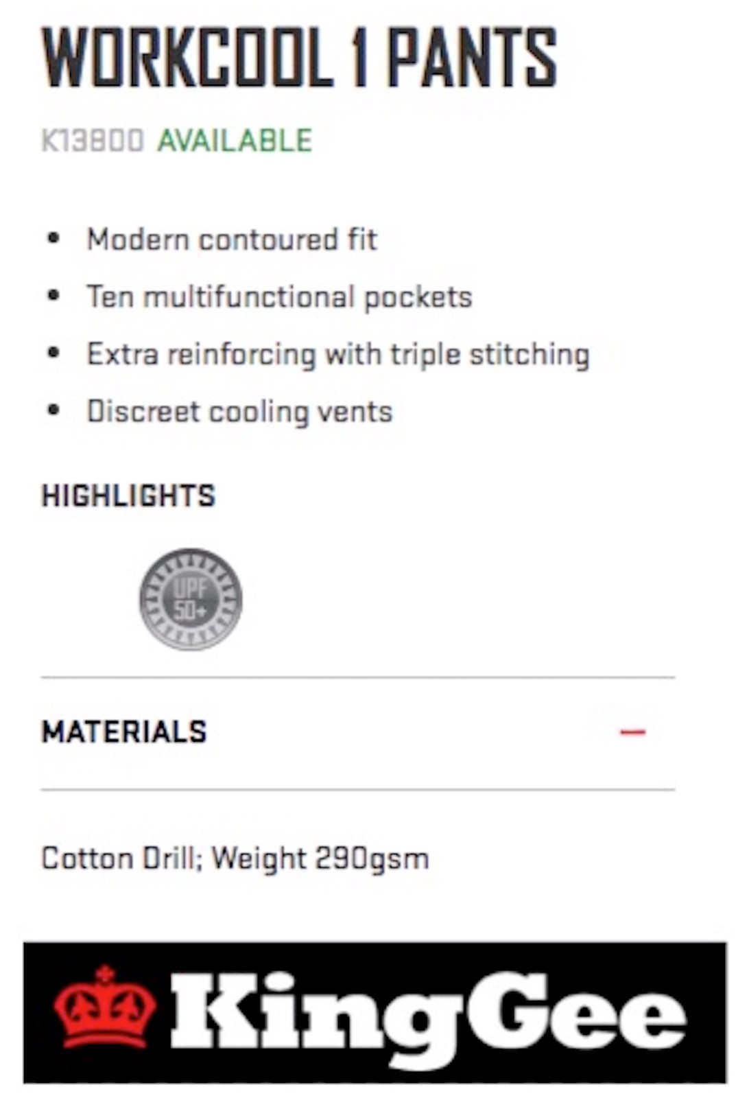 KING GEE MENS " WORKCOOL" COTTON DRILL CARGO WORK PANTS K13800 eBay