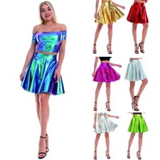 Femme Brillant Faux Cuir Jupe Volant Plissé Swing Scène Discothèque Coktail Sexy