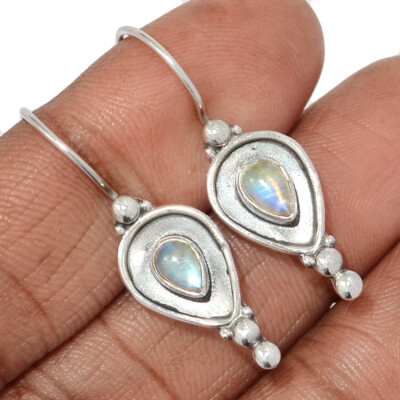 Natural Rainbow Moonstone - India 925 Sterling Silver Earrings DSA2 CE44604