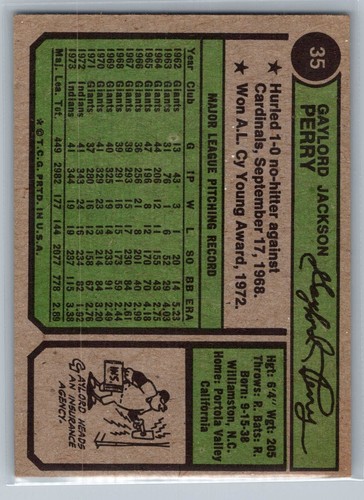 1974 Topps - Gaylord Perry #35 - HOF EX *TEXCARDS* - 第 2/2 張圖片