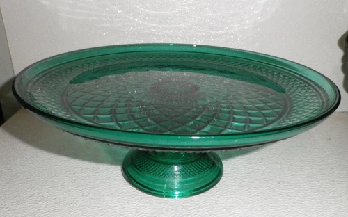 Anchor Hocking Cake Pedestal Plate Glass Compote WEXFORD Vtg Green 11.5"