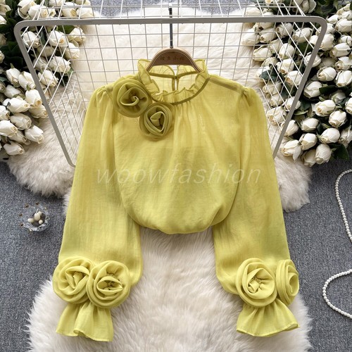 Women Floral Chiffon Bell Sleeves Ruffle Chiffon Blouse Long Sleeve Sheer Tops - Picture 20 of 22