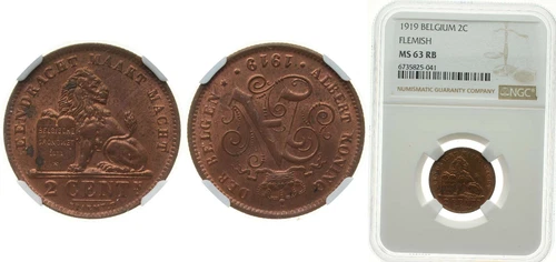 Belgium 1919 2 Centimes Copper NGC MS 63 RB