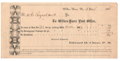 Wilkes Barre Pennsylvania - Rare 1866 Post Office Box Payment Receipt Luzerne Co