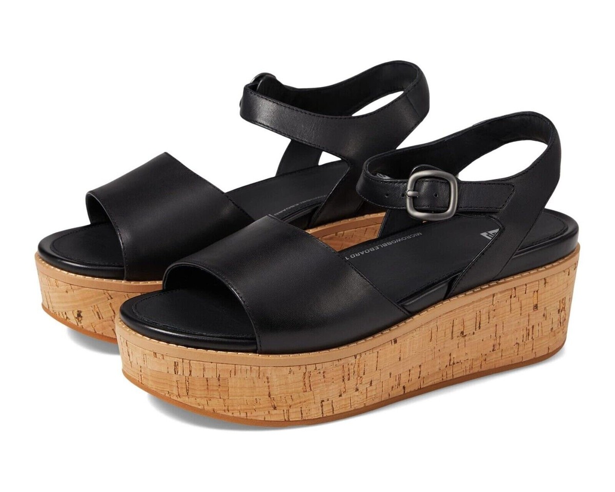FitFlop Eloise FT6-001 Wedge Sandals Women's Black Leather Cork-Wrap  Back-Strap | eBay