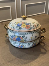 Vintage 1981 M Kamenstein Enamel Cookware 3 Piece  Floral Brass Handles CLEAN!