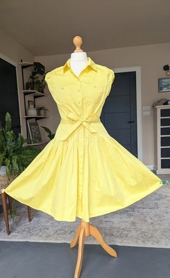 Jaeger Yellow Pleated Cotton Shirt Dress UK 12 Kate Royal Iconic