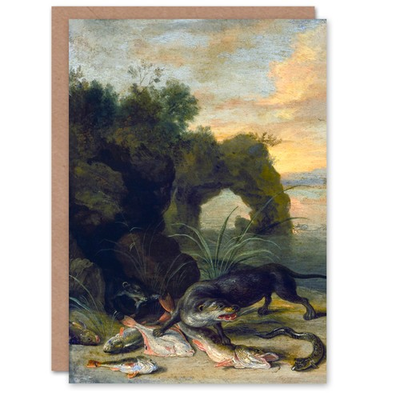 #ad Jan Van Kessel Art Card Water Otter Guarding Fish Catch $6.49