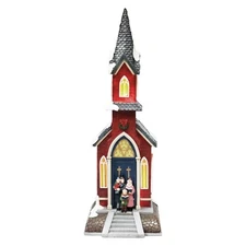 Christmas Village Red Church LED Lights 8 Classic Songs, Hand-Painted Polyres...