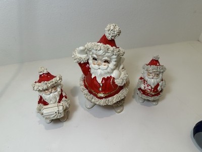Napco Vtg Santa Claus Christmas Planter Set of 3 Red White with Spaghetti trim