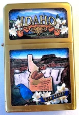 NOS Large Souvenir Table Lighter IDAHO THE GEM STATE Gold Tone 4.5 X 3"