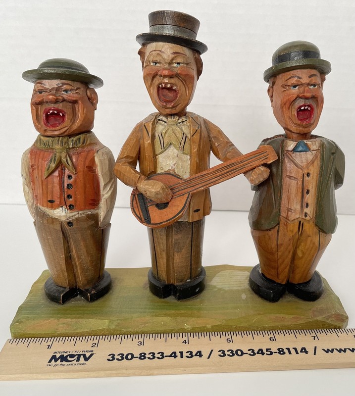 Vintage Carved Wood Vintage Figural Bar Set Anri Style 3 Men in a Row