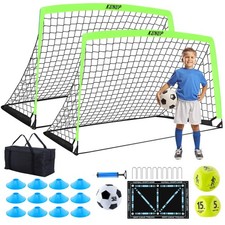 2 Set Kids Soccer Goals for Backyard with Training Equipment, 5×3 Portable Fo...