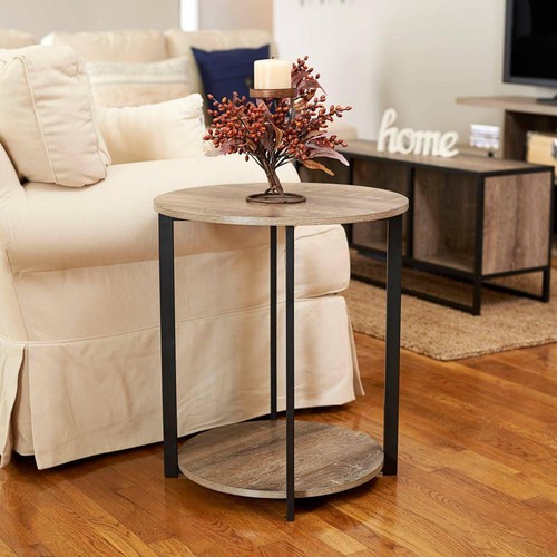 HOUSEHOLD ESSENTIALS End Table Round Gray Tone 2-Tier Metal Wood Modern Storage - Picture 5 of 11