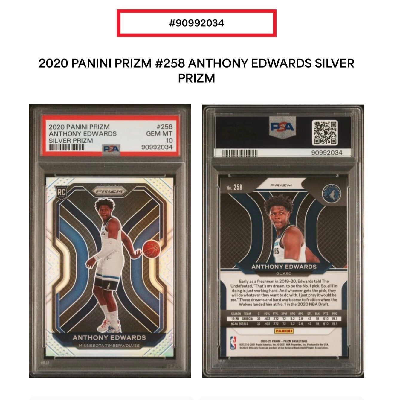 2020 PANINI PRIZM SILVER PRIZM #258 ANTHONY EDWARDS ROOKIE RC PSA 10 *PERFECT* view 3