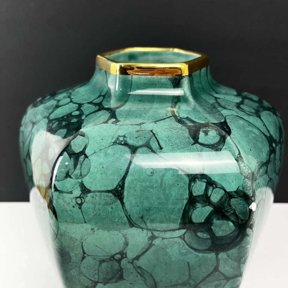 AERIN 9 Calinda Tapered Vase – Teal Sea Green Color Gold Rim 9 inches Tall READ - Image 3 of 4