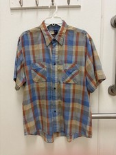 1970s Wrangler XL Plaid Short Sleeve Button-Up Shirt w/ Pockets Blue Beige