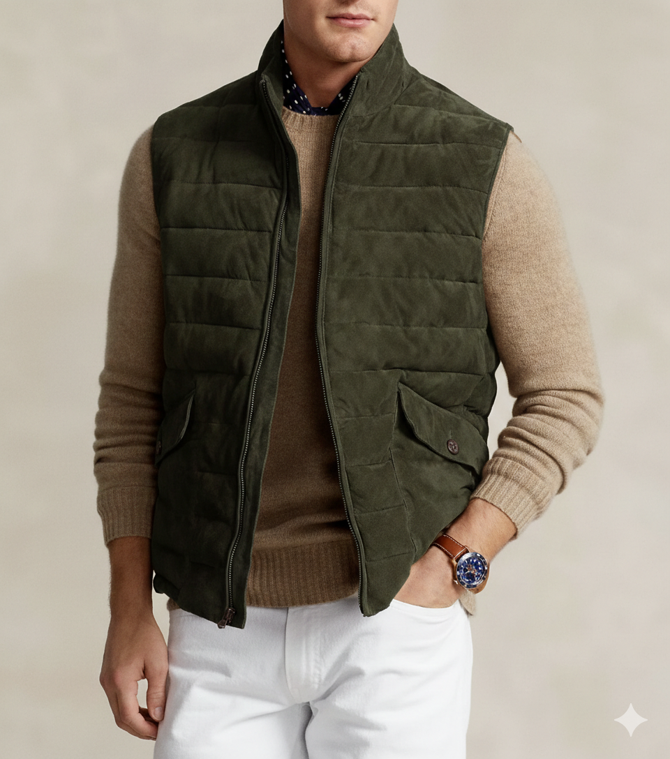 Olive Green Men's Suede Leather Quilted Puffer Vest Pure Sheepskin Stylish Coat