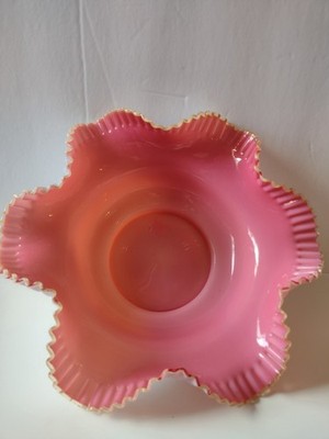 Antique Rose Crest Hand Blown Glass Victorian Ruffled Bowl ''Brides Basket''