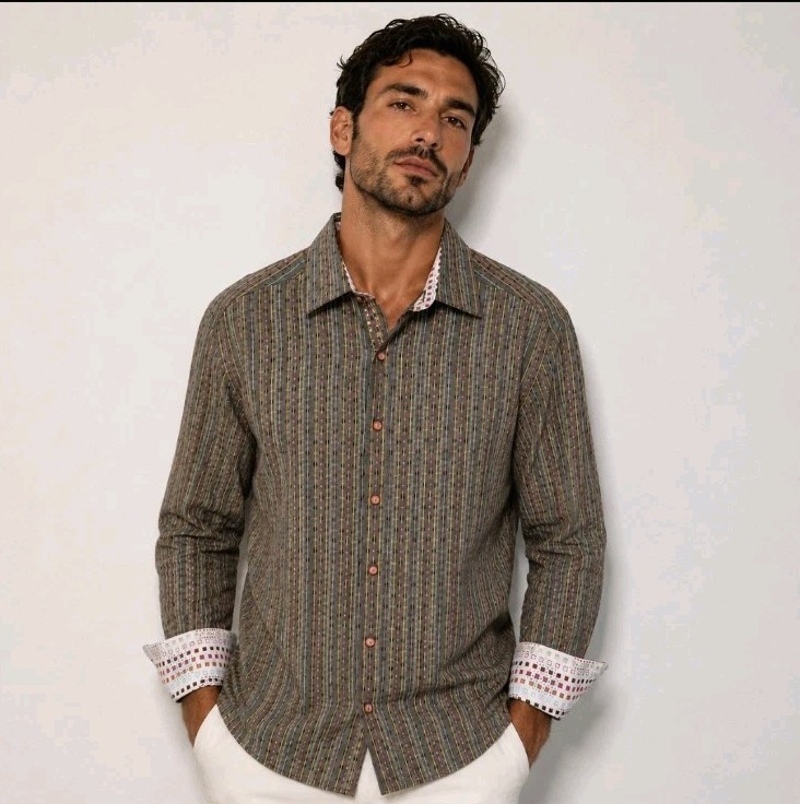 Robert Graham Button Up Flip Cuff Shirt Men’s Sz L Brown Tan Multicolor Striped