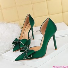 Women Pointed Toe Stiletto Heels Side Cutout Rhinestone Bow Pumps Banquet Shoes