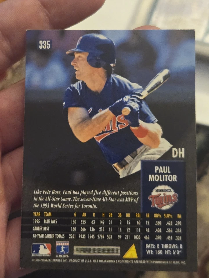 1996 Pinnacle Paul Molitor #335 Autograph Card MLB HOF 3000 Hits WS MVP TWINS EX - Image 3 of 4